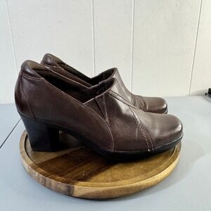 Clarks Bendables Women Brown Leather Block Heel Ankle Booties Shoes 6M
